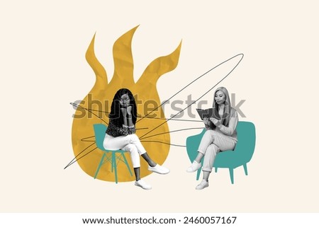 Composite collage picture image of sad female anger issues fire flame therapy session unusual fantasy billboard comics zine