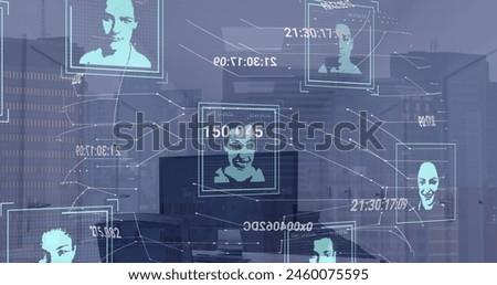 Image of biometric photos and data processing over office. Global connections, computing and data processing concept digitally generated image.