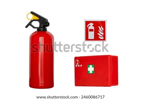 fire extinguisher, first aid kit and safety sign isolated on white background