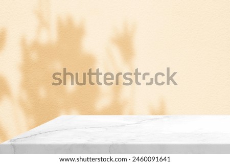 Minimal White Marble Table Corner with Flower Shadow and Beige Light Beam on Concrete Wall Background, Suitable for Product Presentation Backdrop, Display, and Mock up.