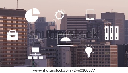 Image of media icons over modern cityscape. Global business and digital interface, digitally generated image.