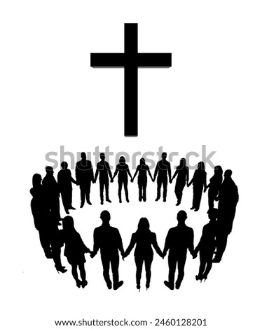 Christian people standing in circle holding hands together toward giant holy cross in the middle black silhouette.	