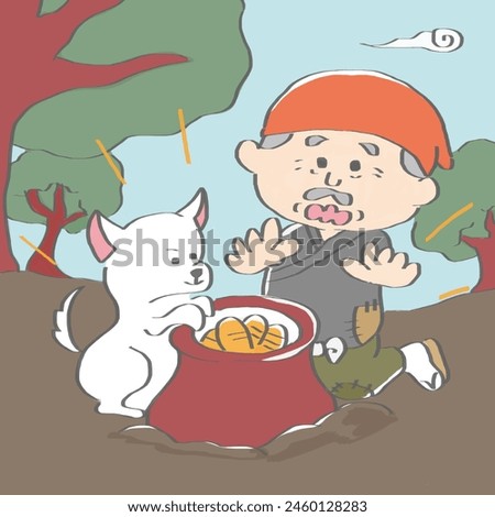 Illustration of a white dog and a surprised old man who found a small coin