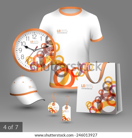 White promotional souvenirs design for corporate identity with red and orange geometric round elements. Stationery set