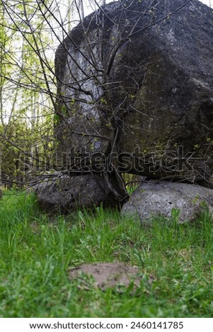 A huge boulder in the rock park rests on two small stones. High quality photo