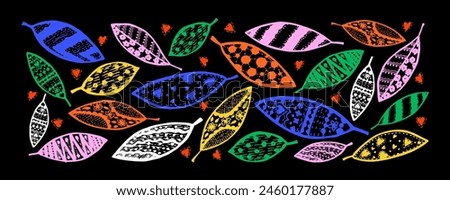 Set with beautiful multicolored leaves. Hand-drawn bold brush style. Abstract colored geometric leaves, decorative leaves. Botanical ornament in retro style.