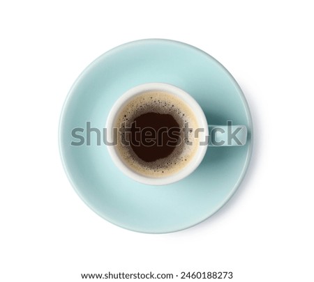 Tasty coffee in cup isolated on white, top view