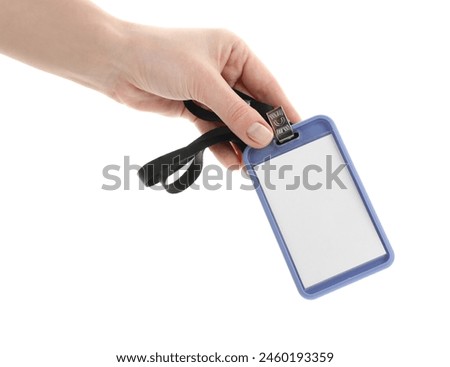 Woman holding blank badge with string on white background
