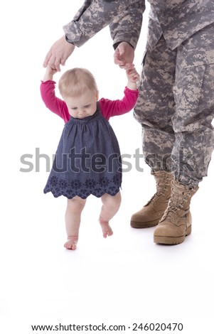 Us military mother teaching her child to walk on white background