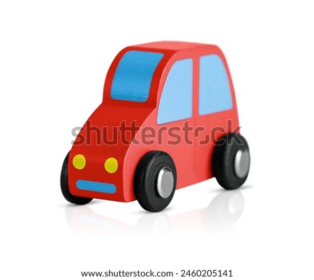  toy red car is made of environmentally friendly materials, highlighted on a white background by shadow and reflection