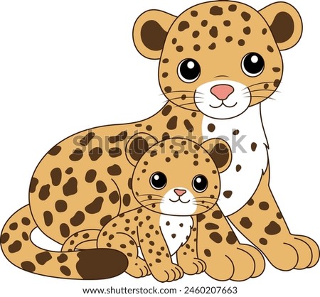 Cute kawaii leopard and baby cartoon character vector illustration. Wild animal, mothers day clip art