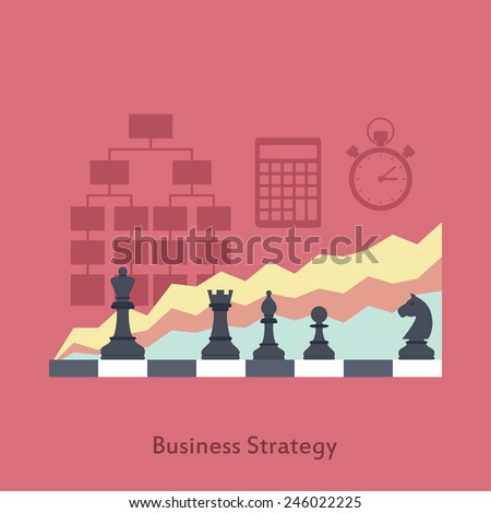 picture of chessboard with graphs and icons on background, business strategy concept, flat style illustration