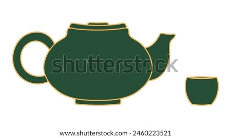 Teapot with teacup line art hand drawn illustration. Dragon Boat Festival, Mid Autumn Festival, traditional holiday clip art, card, banner, poster element. Asian style design, isolated vector.