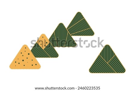 Dragon Boat Festival traditional food zongzi dumplings line art hand drawn illustration. Holiday clip art, card, banner, poster element. Asian style design, isolated vector.