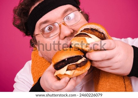 Sports nutrition and healthy lifestyle. Funny fat man and his bad habits. Pink background.