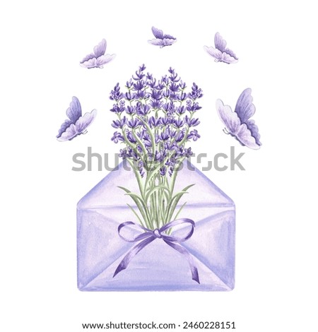 Lavender and butterflies. Floral bouquet in an envelope with bow. Hand drawn watercolor illustration of Provence spring flowers, herb Isolated template for card, print, tableware, textile, embroidery.