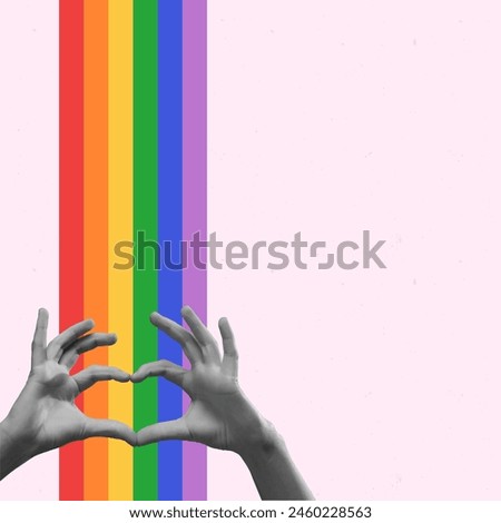 Monochrome hands holding rainbow symbolizing support of LGBTQI community against pink background. Contemporary art collage. LGBT, equality, pride month, support, love, human rights concept