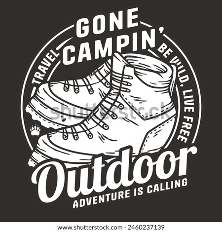 Emblematic line art design featuring a hiking boot and wilderness elements for outdoor adventure themes like camping, hiking, and embracing the call of the wild. Royalty-Free Stock Photo #2460237139