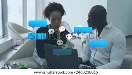 Image of speech bubbles icons over diverse business people. Global business, social media and digital interface concept digitally generated image.