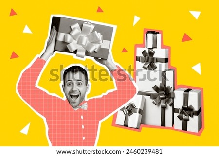 Collage artwork image postcard of crazy cheerful glad man hold receive gift rejoice isolated on creative painted background
