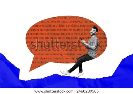 Creative picture collage young man textbox phrase literature page smartphone social media messenger app drawing background