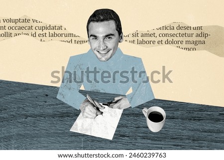 Composite photo collage of happy smile businessman write signature paper sheet deal coffee cup iphone device isolated on painted background
