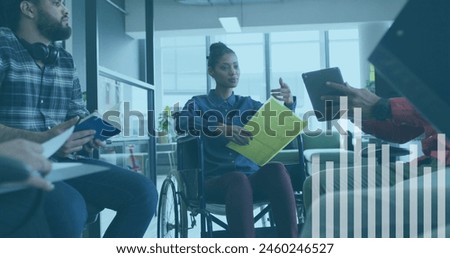 Image of financial data processing over business people in office. Global business, computing, connections and data processing concept digitally generated image.