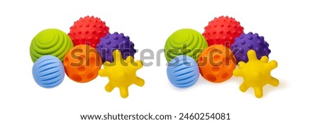 Colorful sensory balls for kids: enhancing cognitive and physical development. a various tactile balls on a white background, showcasing soft toys designed to stimulate children's growth 