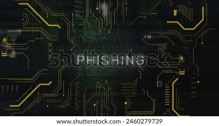 Image of phishing text and computing board over server room. Global business and digital interface concept digitally generated image.