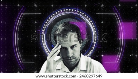 Image of scope scanning and data processing over caucasian man. Global computing, business, finance and data processing concept digitally generated image.