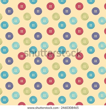 Seamless pattern with multi-colored buttons. Vector background with accessories for needlework and sewing.