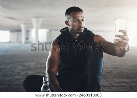 African man, selfie and fitness in city on break with health, training or exercise for vlog on social media. Person, runner and influencer with profile picture, photography or live stream in New York