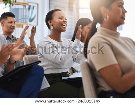 Business people, presentation and happy audience with applause for support, motivation and training success. Workshop, celebration or excited crowd clapping for sale, target or goal mission praise Royalty-Free Stock Photo #2460313149