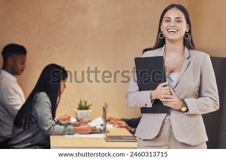 Business woman, portrait and documents in office with for success, work and team meeting. Editor, crossed arms and smile with publisher, journalist and writer for digital media platform management