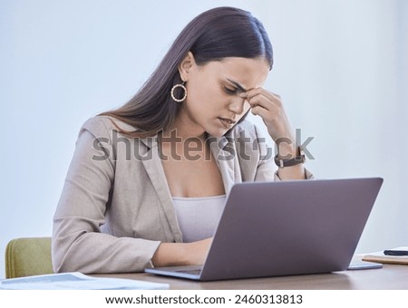 Businesswoman, stressed and office with laptop, headache and deadline for intern goals. Creative writer, professional news editor or expert reporter for content creation, publishing and press startup