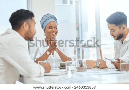 Happy leader, team meeting and business people in discussion, planning or brainstorming ideas in startup office. Group, collaboration or project strategy for creative editor writing notes in training
