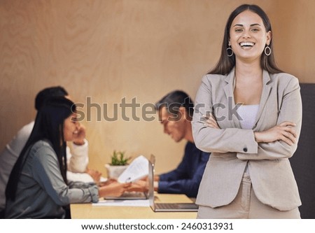 Business woman, portrait and confidence in office with success, work and team meeting. Editor, crossed arms and smile with publisher, journalist and writer for digital media platform management