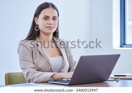 Businesswoman, portrait and office with laptop, working and confidence for intern goals. Creative writer, professional news editor or expert reporter for content creation, publishing or press startup