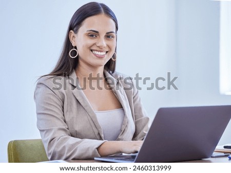 Businesswoman, portrait and office with laptop, smile and confidence for intern goals. Creative writer, professional news editor and expert reporter for content creation, publishing and press startup