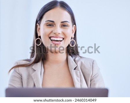 Businesswoman, portrait or office with laptop, smile and confidence on white background in studio. Creative writer, professional news editor or reporter ready for publishing, company or press startup