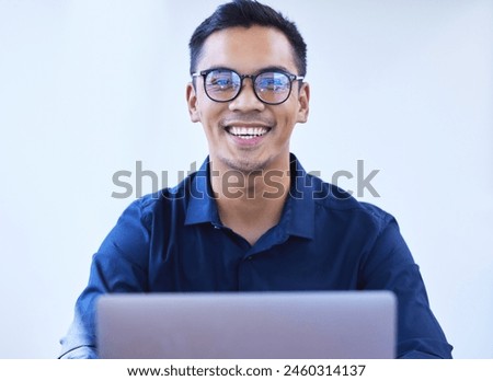 Businessman, portrait and office with laptop, glasses and confidence for intern goals. Creative writer, professional news editor and expert reporter for content creation, publishing and press startup