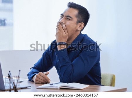Businessman, yawn and office with laptop, tired and burnout for intern goals. Creative writer, professional news editor and expert reporter for content creation, publishing and press startup