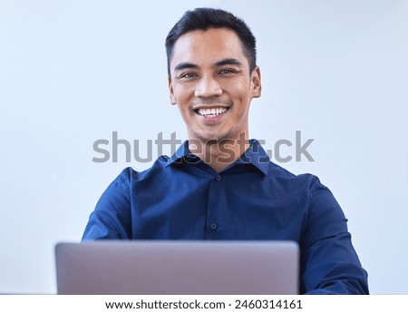 Businessman, portrait and office with laptop, smile and confidence for intern goals. Creative writer, professional news editor and expert reporter for content creation, publishing and press startup