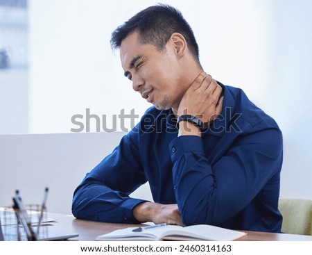 Businessman, neck pain and office with notebook, burnout and overworked for internship. Creative writer, professional news editor or expert reporter for content creation, publishing and press startup