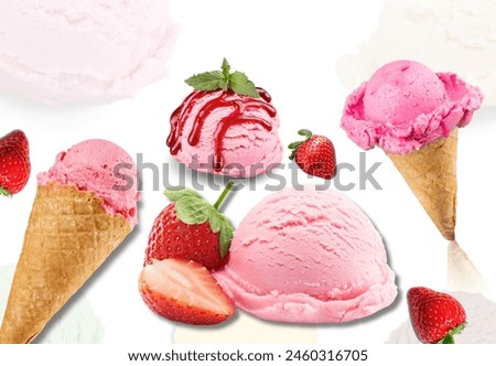 a group of delectable desserts including various flavors of ice cream, gelato, sherbet, and sorbet displayed in colorful scoops and served in cones. The assortment includes classic vanilla Royalty-Free Stock Photo #2460316705