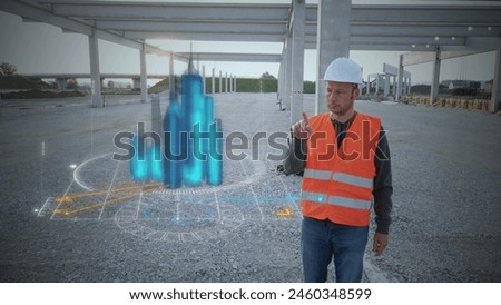 Construction engineer using HUD hologram for building smart city. 3D render