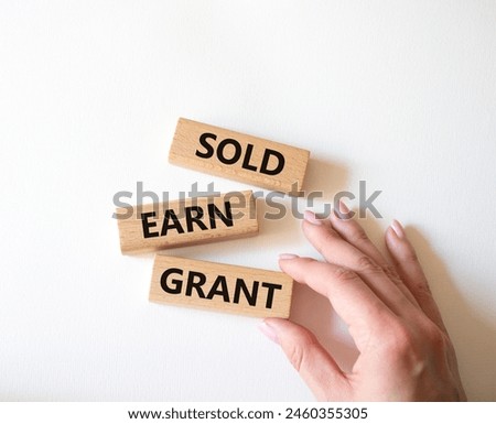 Sold Earn Grant symbol. Concept words Sold Earn Grant on wooden blocks. Businessman hand. Beautiful white background. Business and Sold Earn Grant concept. Copy space.