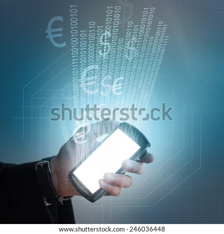 World Business concept, Businessman with cell phone displaying hologram