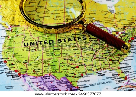 USA with magnifying glass, loupe. USA on the World Map with american cities. Map of United States of America