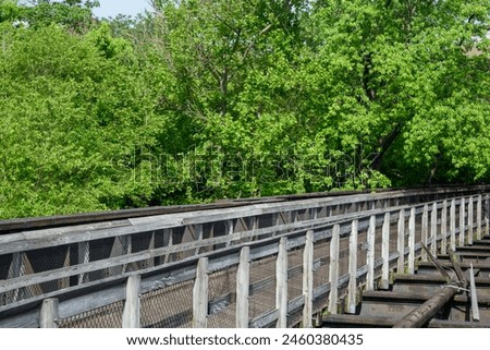 Wooden walkway through lush greenery in a tranquil natural park. Scenic pathway theme for outdoor recreation and environmental conservation. Royalty-Free Stock Photo #2460380435